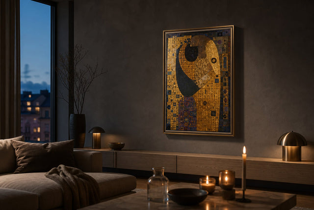 A warm Nordic evening interior with glowing gold-toned framed art and restrained dark furnishings inspired by the Klimt look
