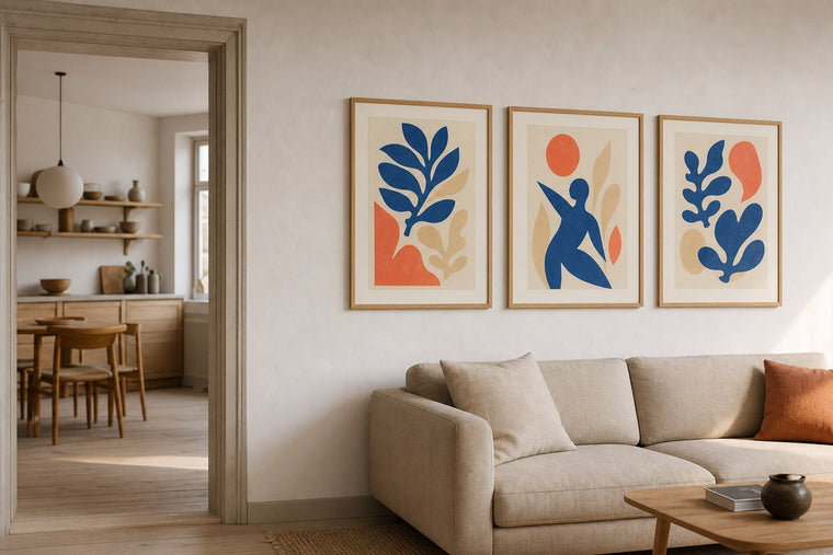 A bright Nordic interior with organic cut-paper shapes and playful framed art inspired by the Matisse look
