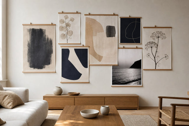 A relaxed Nordic living room with a balanced gallery wall of varied framed posters and generous spacing