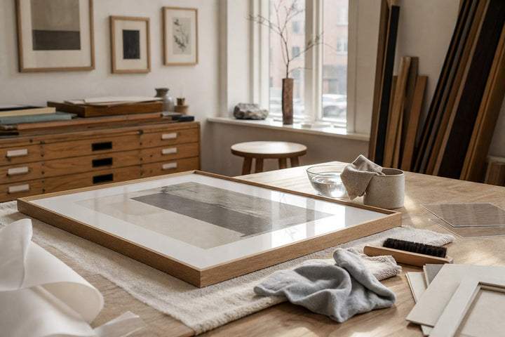 Nordic editorial Nordic framing studio featuring tactile editorial still life showing the relevant framing or paper materials in use