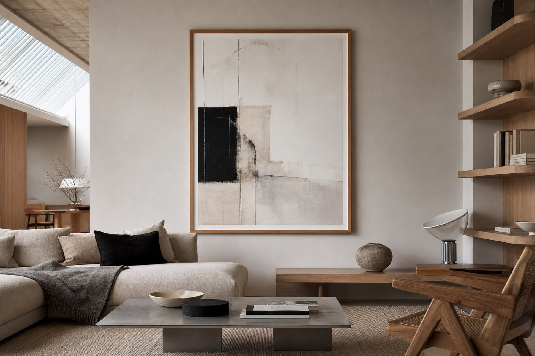 Nordic editorial well-proportioned Nordic living room featuring correctly scaled framed art demonstrating the format and placement described by the article