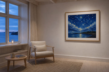 A quiet Nordic reading room with a framed night-sky artwork in swirling blue and golden tones