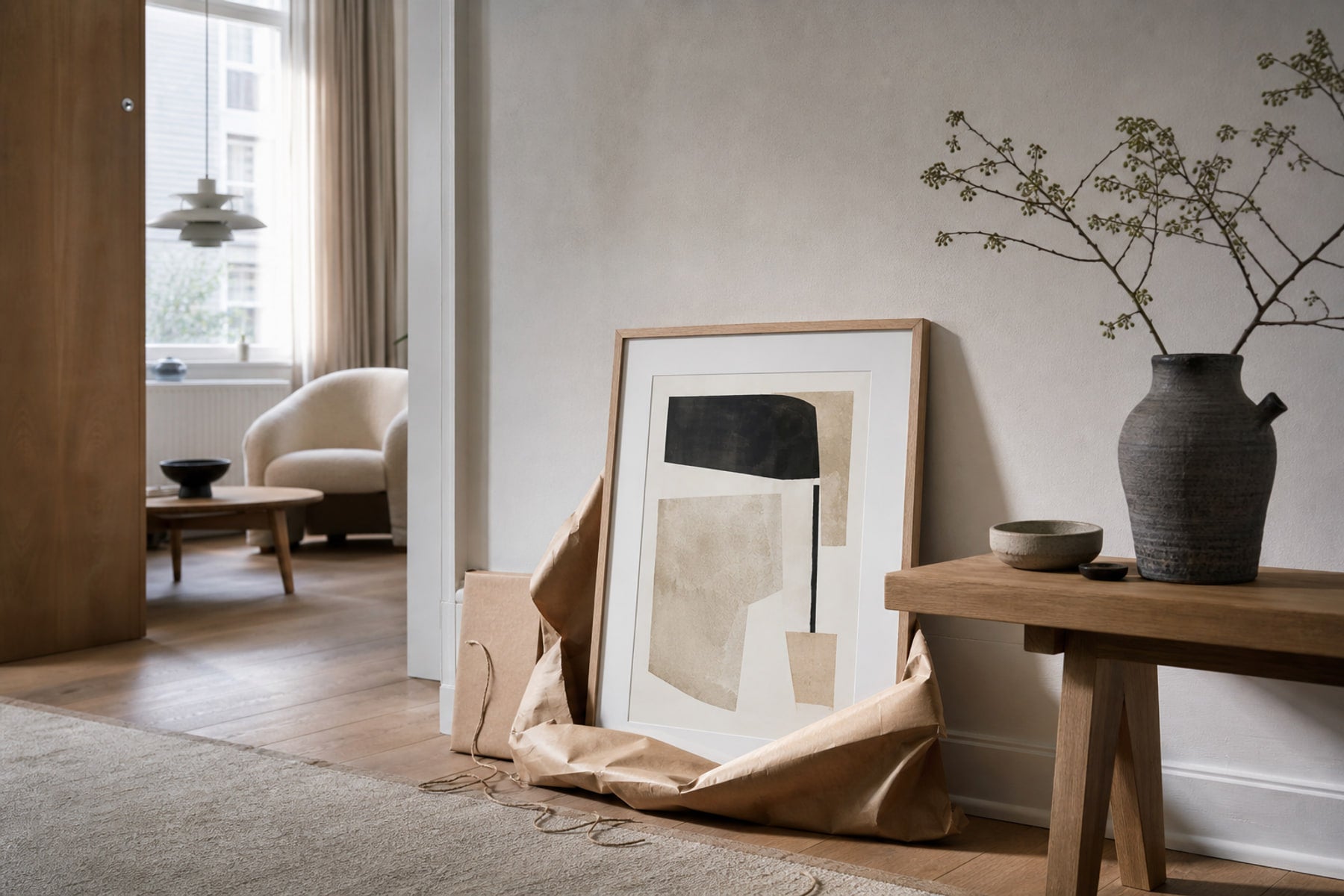 Nordic editorial quiet Nordic entry or living room featuring beautifully wrapped framed art presented as a thoughtful gift beside a finished interior vignette