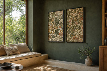 A light Nordic garden room with framed botanical pattern art and restrained natural materials