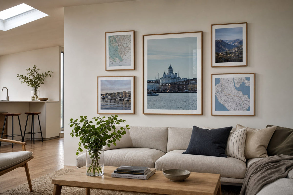 Nordic editorial seasonally styled Nordic living space featuring framed wall art and restrained seasonal details that directly express the article theme
