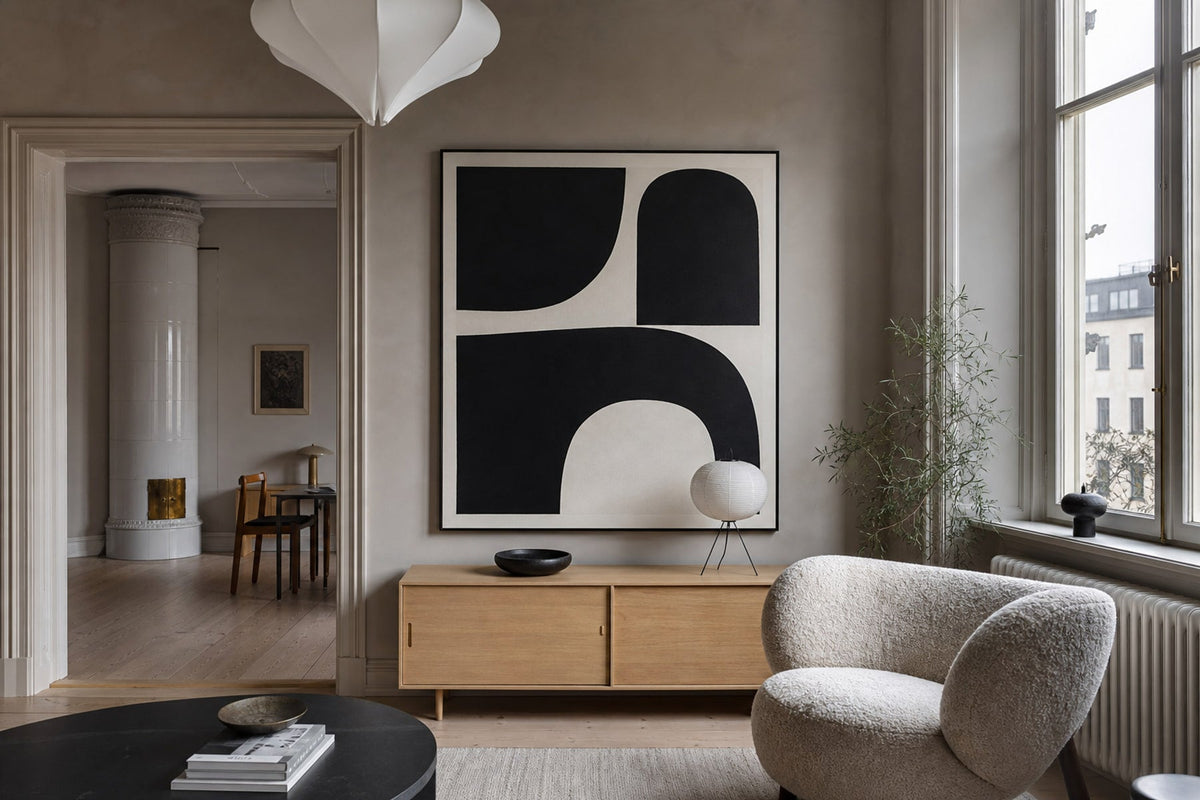 Nordic editorial high-end Nordic interior featuring hero artwork that visually communicates the art movement or style named in the title