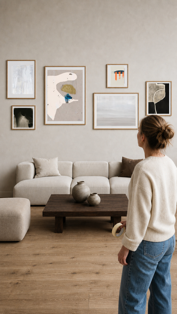 Woman planning a Nordic gallery wall with framed PosterLeFi art