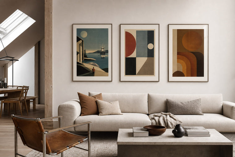 A modern Nordic living room styled with authentic-looking retro posters in slim wooden frames