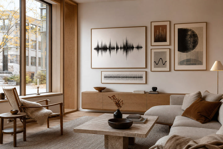 Nordic editorial refined Nordic living room featuring carefully composed framed-art vignette that directly illustrates the article subject