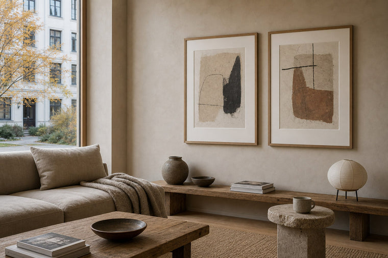 A serene Nordic wabi-sabi interior with imperfect textures, muted framed art and natural light
