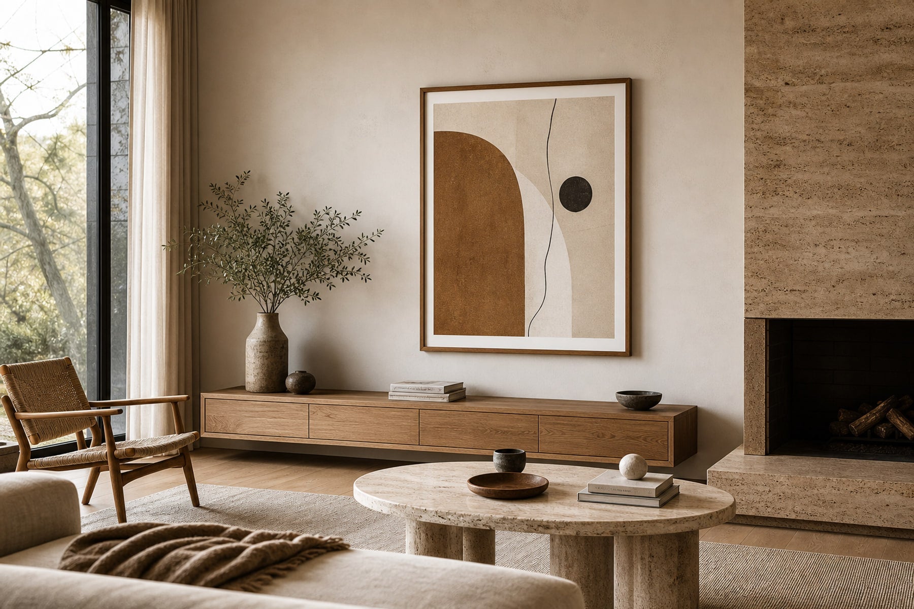 Nordic editorial refined Nordic living room featuring carefully composed framed-art vignette that directly illustrates the article subject