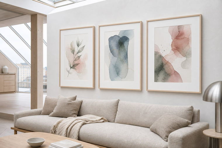 A soft Nordic living room with airy watercolour artwork in pale layered tones