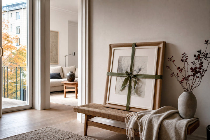 Nordic editorial quiet Nordic entry or living room featuring beautifully wrapped framed art presented as a thoughtful gift beside a finished interior vignette