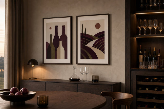 A Nordic dining corner with elegant wine-themed framed art above a simple timber sideboard