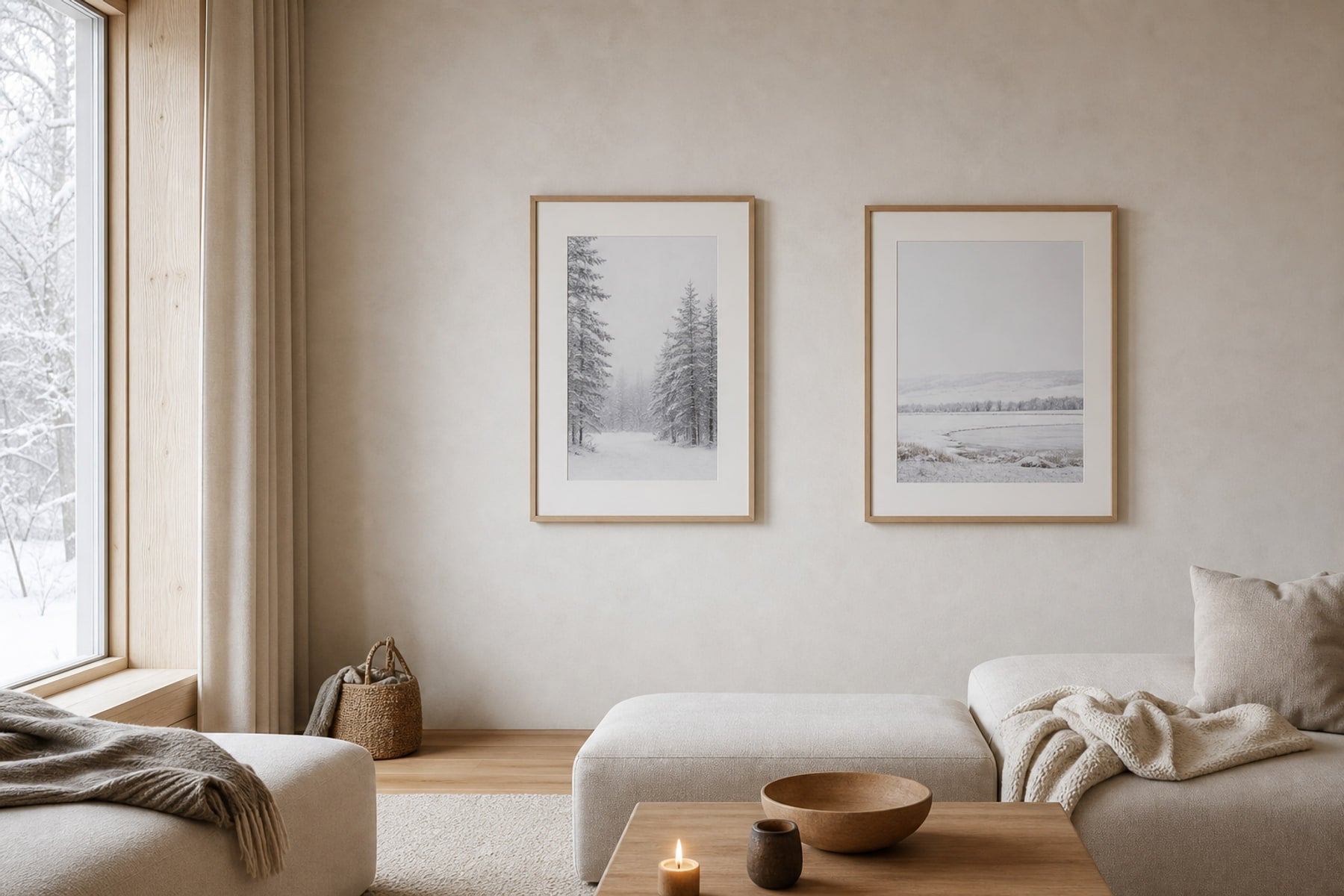 Nordic editorial seasonally styled Nordic living space featuring framed wall art and restrained seasonal details that directly express the article theme
