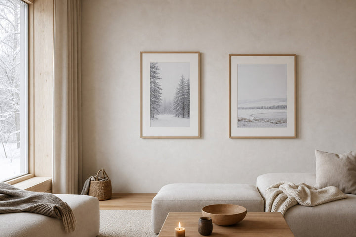 Nordic editorial seasonally styled Nordic living space featuring framed wall art and restrained seasonal details that directly express the article theme