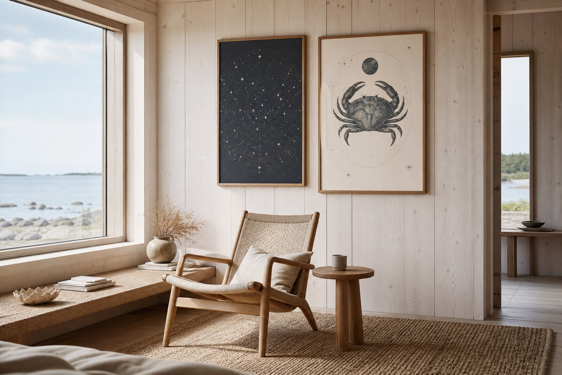 Nordic editorial quiet Nordic reading room featuring one or two elegant framed motifs that clearly reflect the animal or celestial subject
