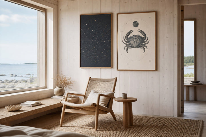 Nordic editorial quiet Nordic reading room featuring one or two elegant framed motifs that clearly reflect the animal or celestial subject