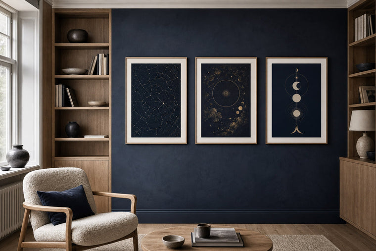 A Nordic reading room with refined zodiac and constellation artwork in slim wooden frames