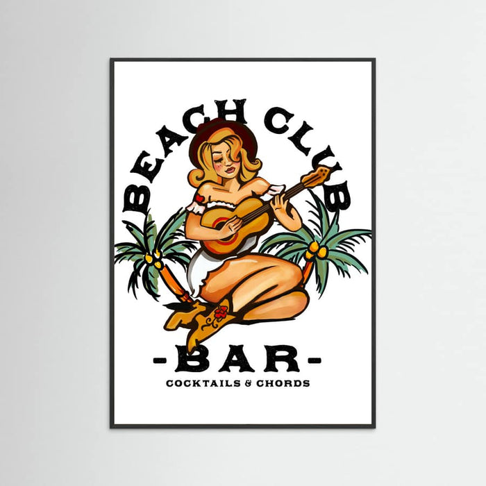 Black Wood Beach Club Bar. Sailor Jerry Style Pin-up Girl Playing Guitar Poster