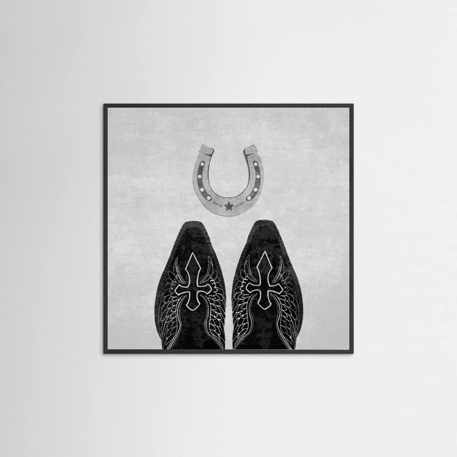Affiche Bw Cowboy Boots and Horseshoe – affiche et impression d’art