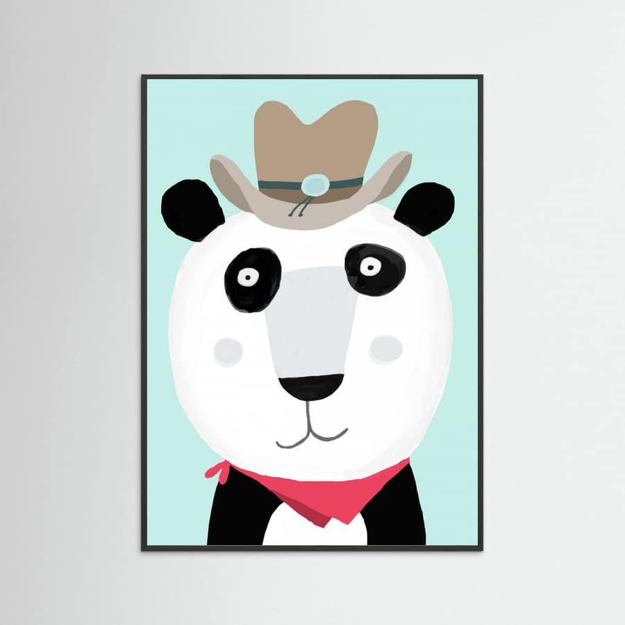 Black Wood Funny Panda with Cowboy Hat by Artist Carla Daly Poster