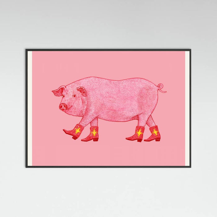 Black Wood Marjorie the Cowgirl Pig Poster