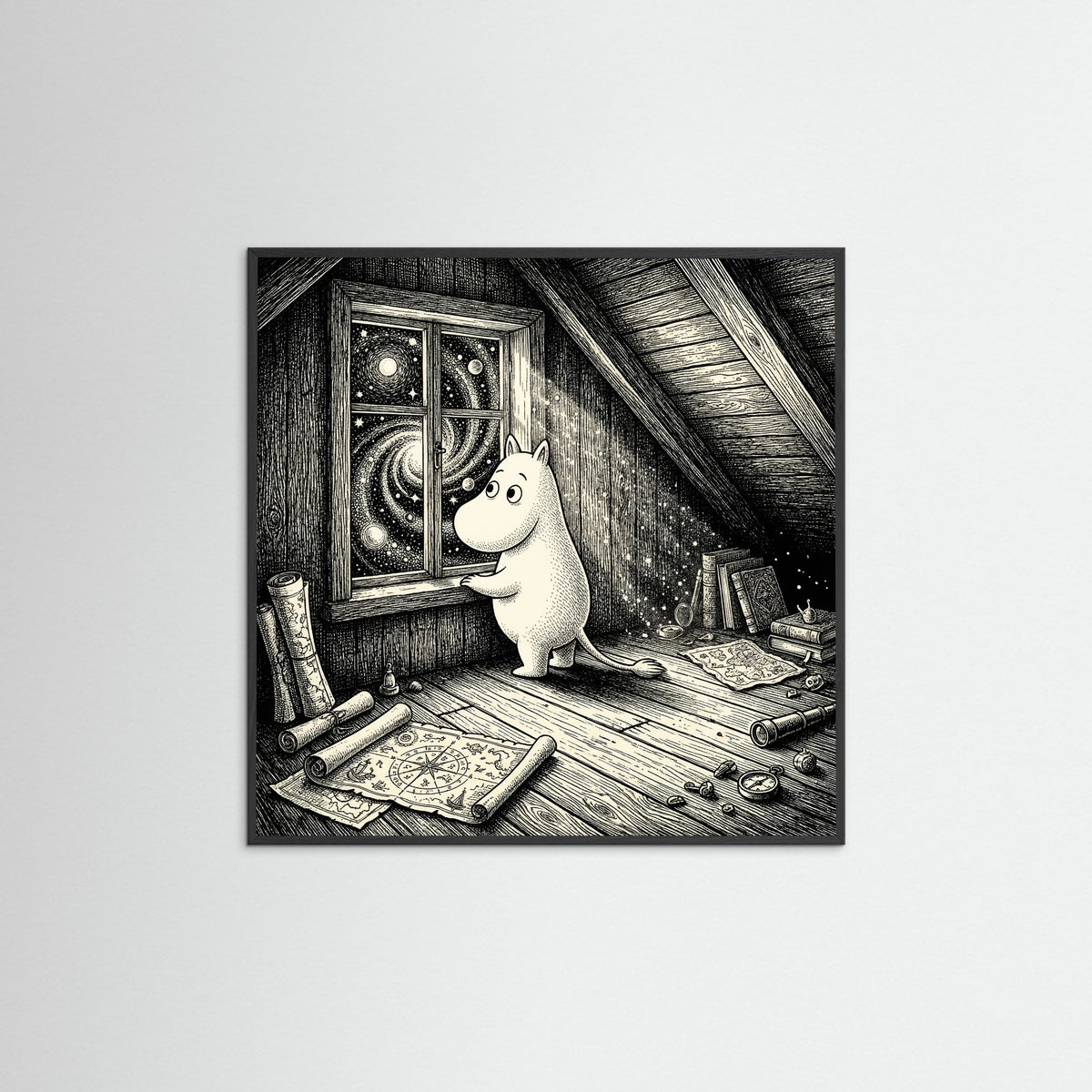 Black Wood Square Night Window Gaze