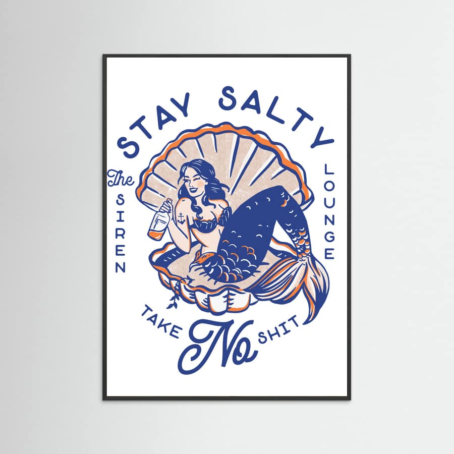 Black Wood Stay Salty Siren Lounge Pin-Up Mermaid Poster