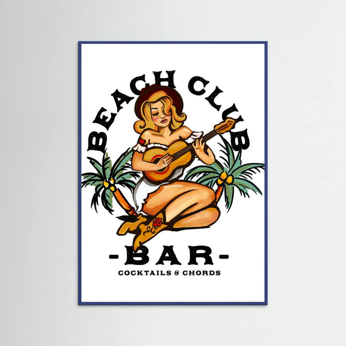 Blue Wood Beach Club Bar. Sailor Jerry Style Pin-up Girl Playing Guitar Poster