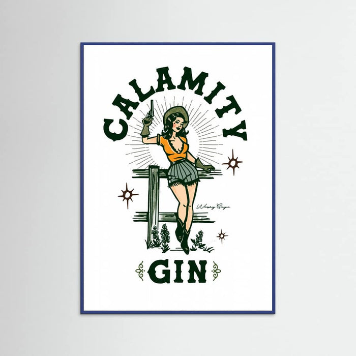 Blue Wood Calamity Gin Funny Retro Western Cowgirl Art Poster