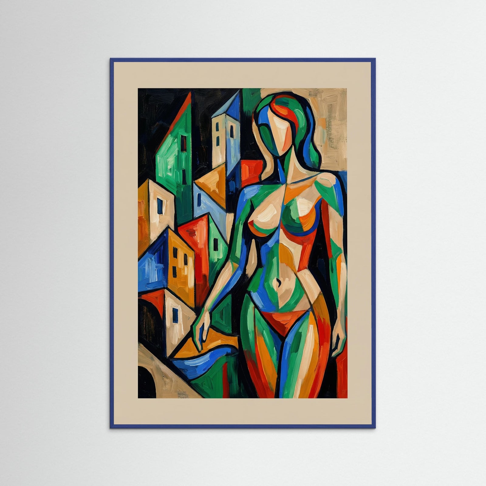 Blue Wood Cubist Woman Beige