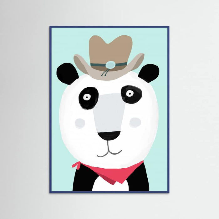 Blue Wood Funny Panda with Cowboy Hat by Artist Carla Daly Poster