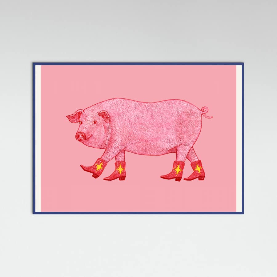 Blue Wood Marjorie the Cowgirl Pig Poster