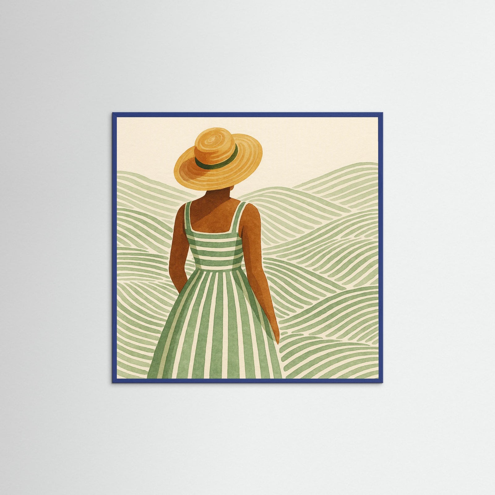 Blue Wood Square Woman in Hat