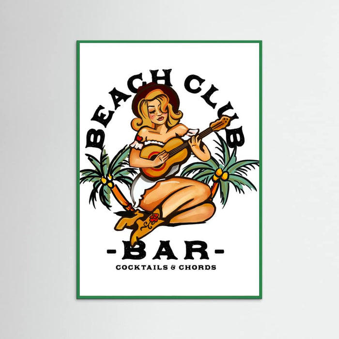Green Wood Beach Club Bar. Sailor Jerry Style Pin-up Girl Playing Guitar Poster