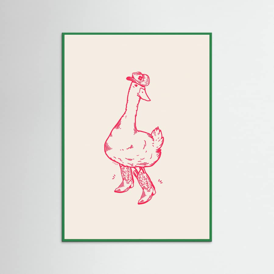 Green Wood Duck wearing Western Boots in pink Poster