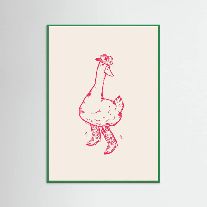Green Wood Duck wearing Western Boots in pink Poster