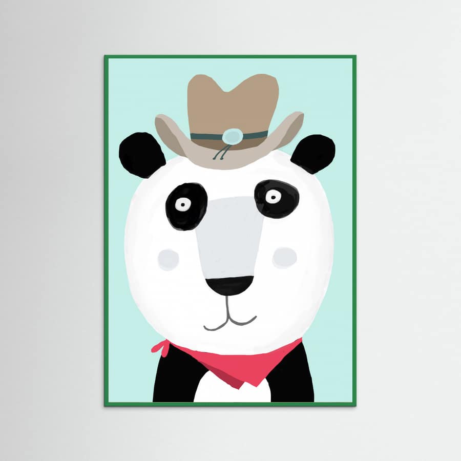 Green Wood Funny Panda with Cowboy Hat by Artist Carla Daly Poster