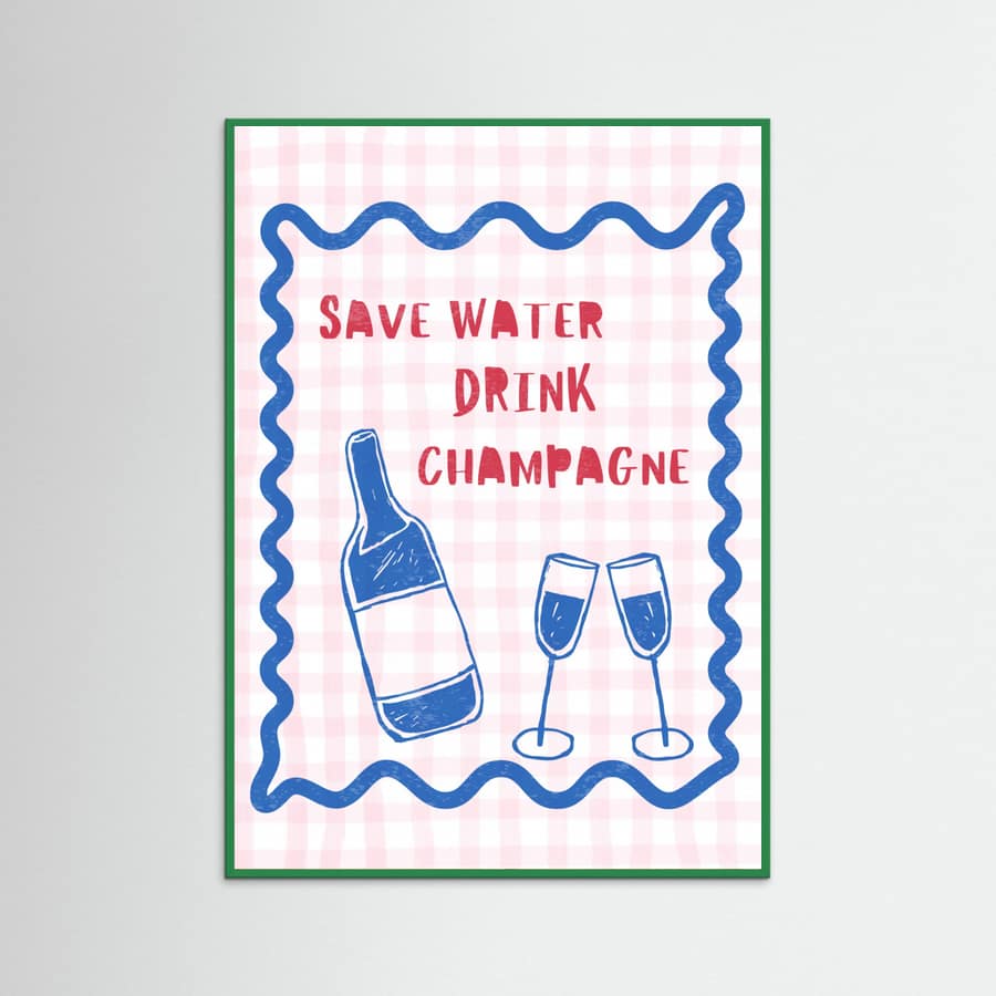 Save Water Drink Champagne Red Check Pattern Poster – poster and art print