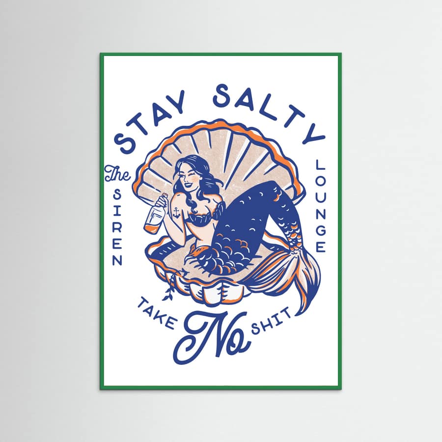 Green Wood Stay Salty Siren Lounge Pin-Up Mermaid Poster
