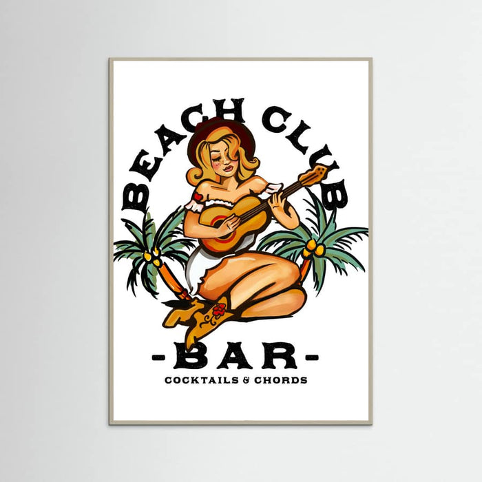 Grey Wood Beach Club Bar. Sailor Jerry Style Pin-up Girl Playing Guitar Poster