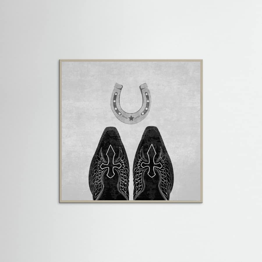 Affiche Bw Cowboy Boots and Horseshoe – affiche et impression d’art