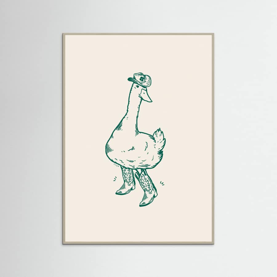 Grey Wood Duck wearing Western Boots in green Poster