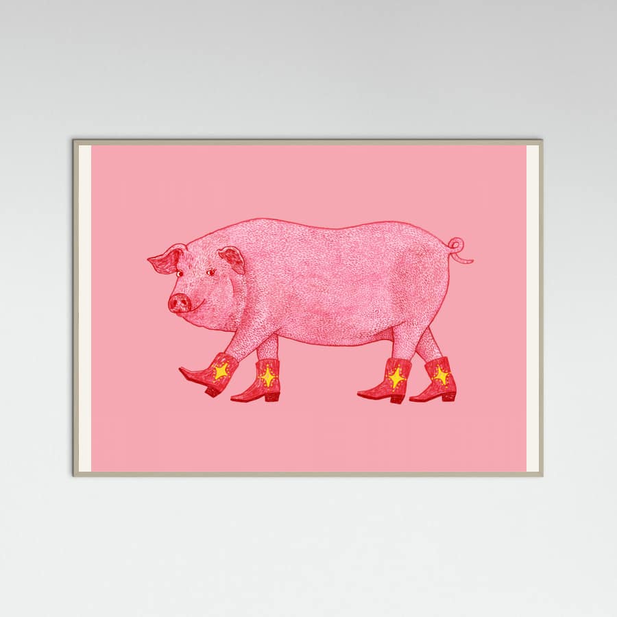 Grey Wood Marjorie the Cowgirl Pig Poster