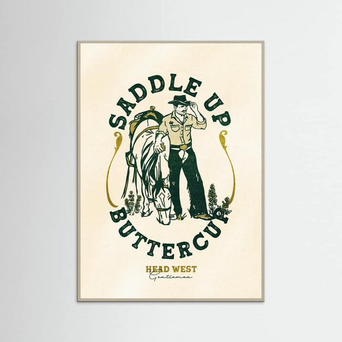 Grey Wood Saddle Up Buttercup Cowboy & Horse Art Print Poster