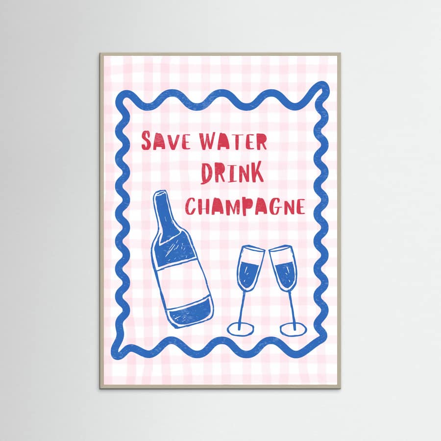 Save Water Drink Champagne Red Check Pattern Poster – poster and art print