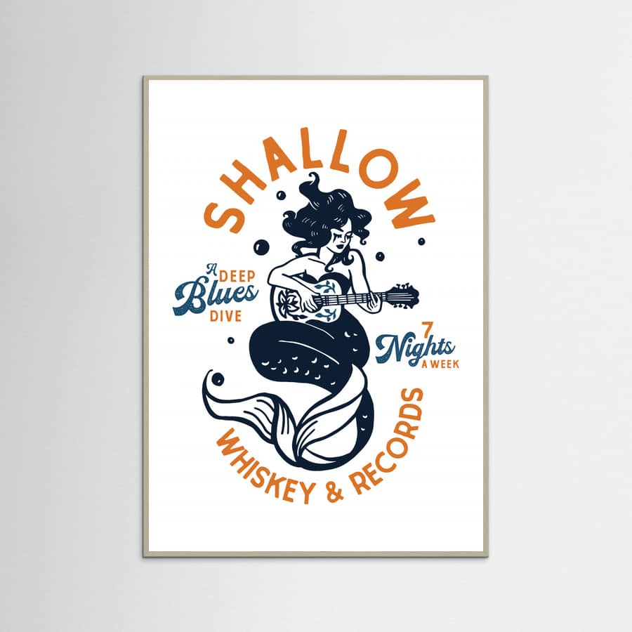 Grey Wood Shallow Whiskey & Records Dive Bar Music Mermaid Poster
