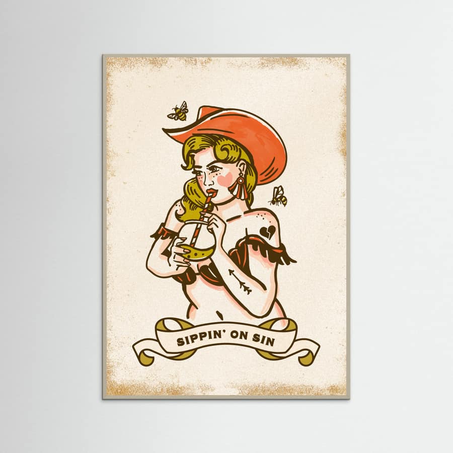 Grey Wood Sippin On Sin Cute & Sassy Cowgirl Art Poster