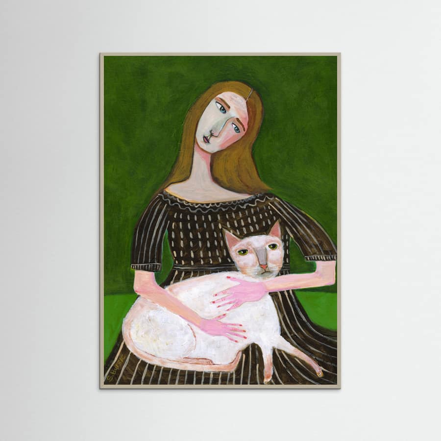 vintage lady with white cat Poster – poster and art print